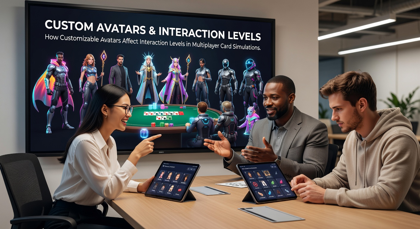 Players interacting through customizable avatars at a virtual multiplayer card table simulation