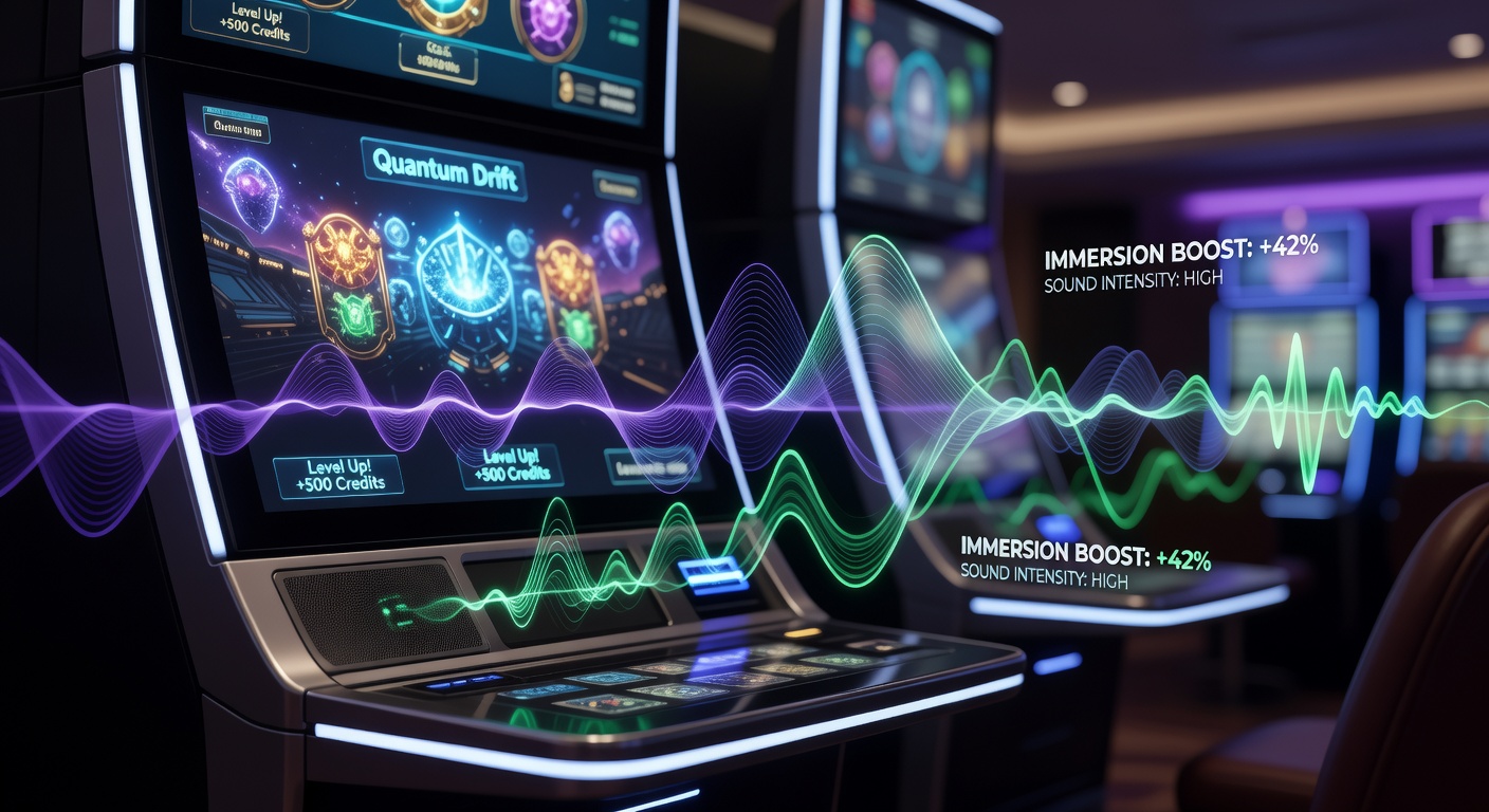 Close-up of an electronic gaming machine interface showing detailed sound control panels and immersive audio visualizers in a modern casino setting