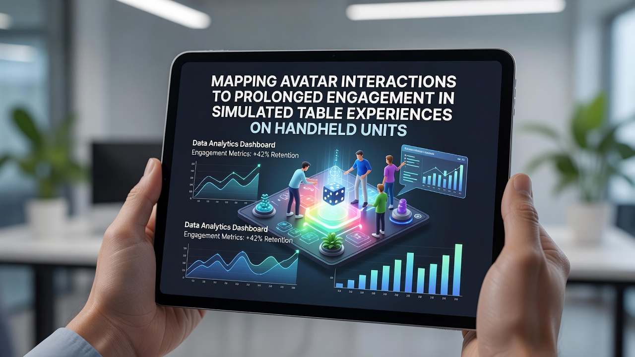 Handheld device displaying customizable avatars in a simulated table game environment with interactive elements highlighted