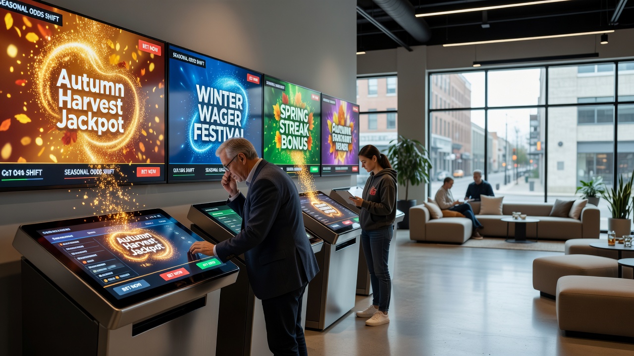 Regional gaming lounge interior with seasonal holiday decorations and active betting terminals during an event overlay period