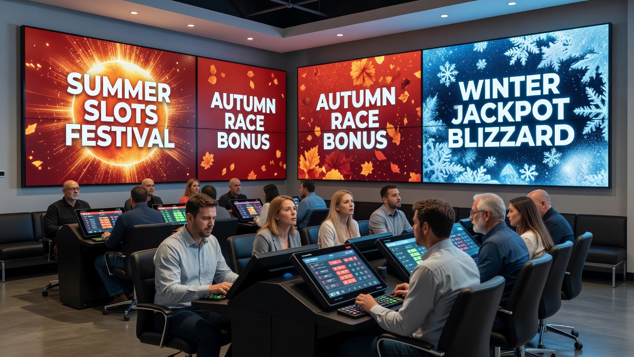 Close-up of gaming terminals displaying seasonal sports event overlays with updated betting options in a regional lounge